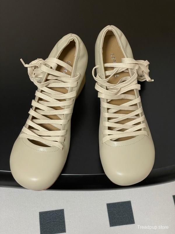 2025 Women Lemaire Ivory Leather Round Toe Block Heel Lace Up KFY00310