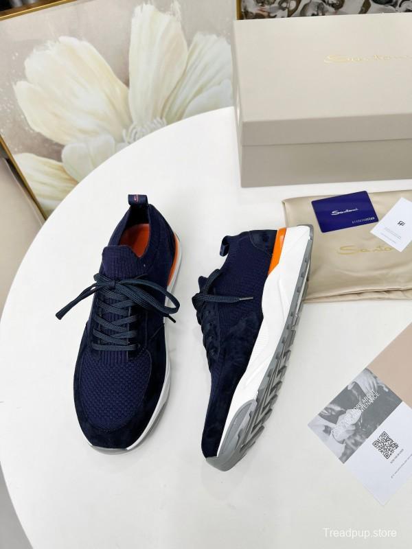 2025 Unisex Santoni Navy Orange Wool Knit Leather Sneakers AS00320