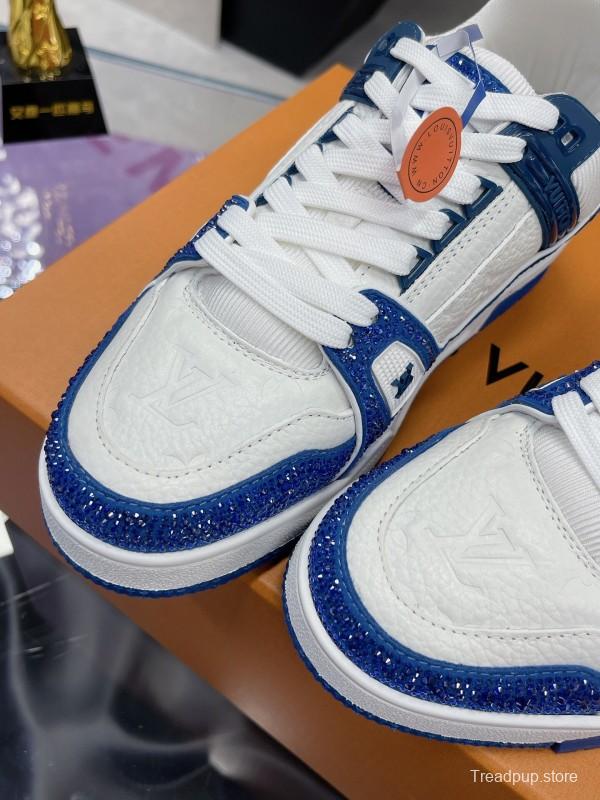 2025 Unisex Louis Vuitton Blue White Leather Plimsolls Handcrafted Beaded AS00400