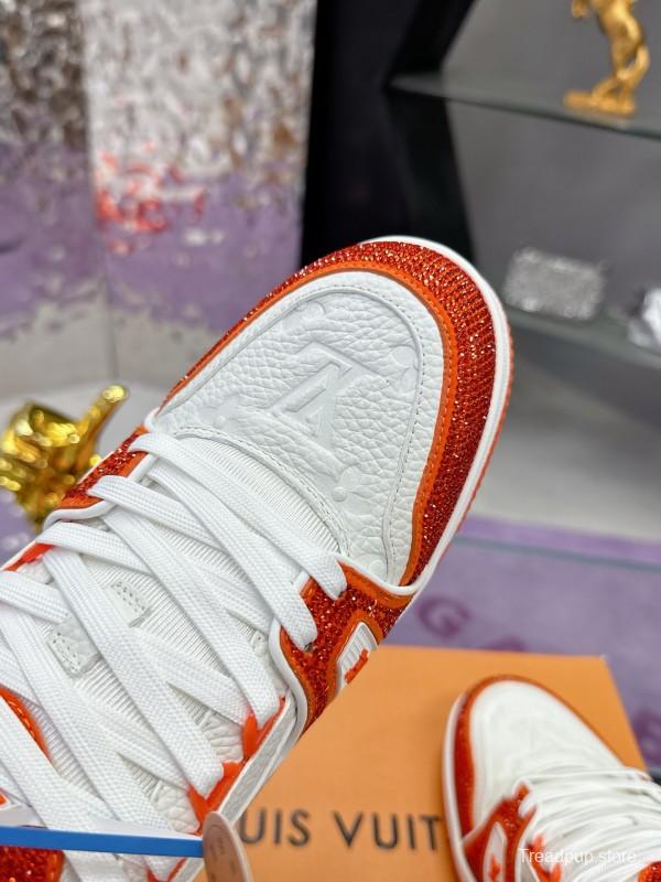 2025 Unisex Louis Vuitton Orange White Leather Plimsolls Handcrafted Rhinestones AS00400