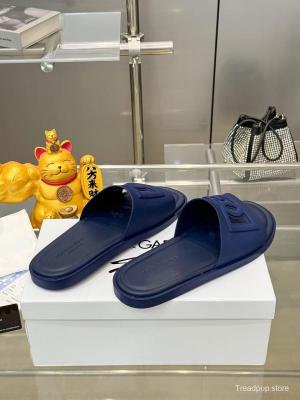 2025 Men Dolce & Gabbana Blue Leather Slippers KFY00150