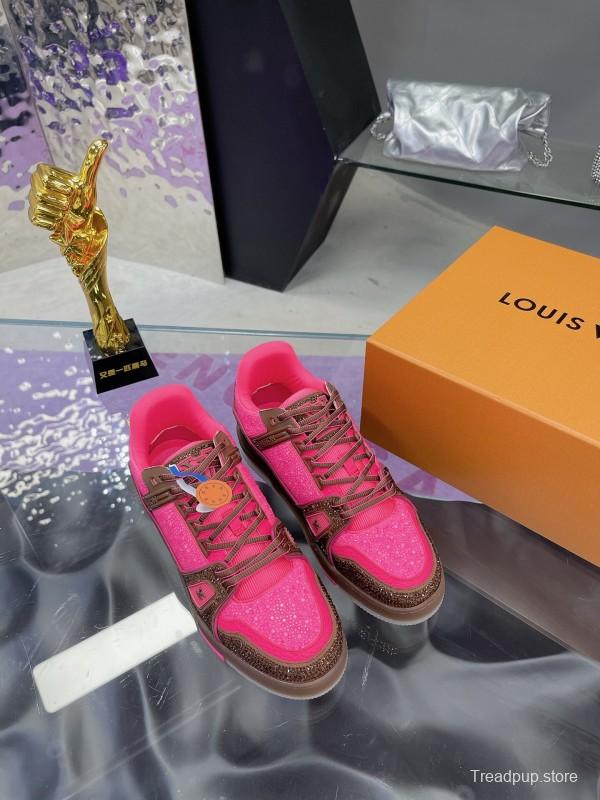 2025 Unisex Louis Vuitton Pink Brown Leather Canvas Plimsolls Handcrafted Crystals AS00400