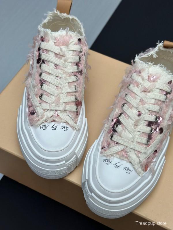 2025 Women XVESSEL Pink White Canvas Plimsolls Distressed AS00260