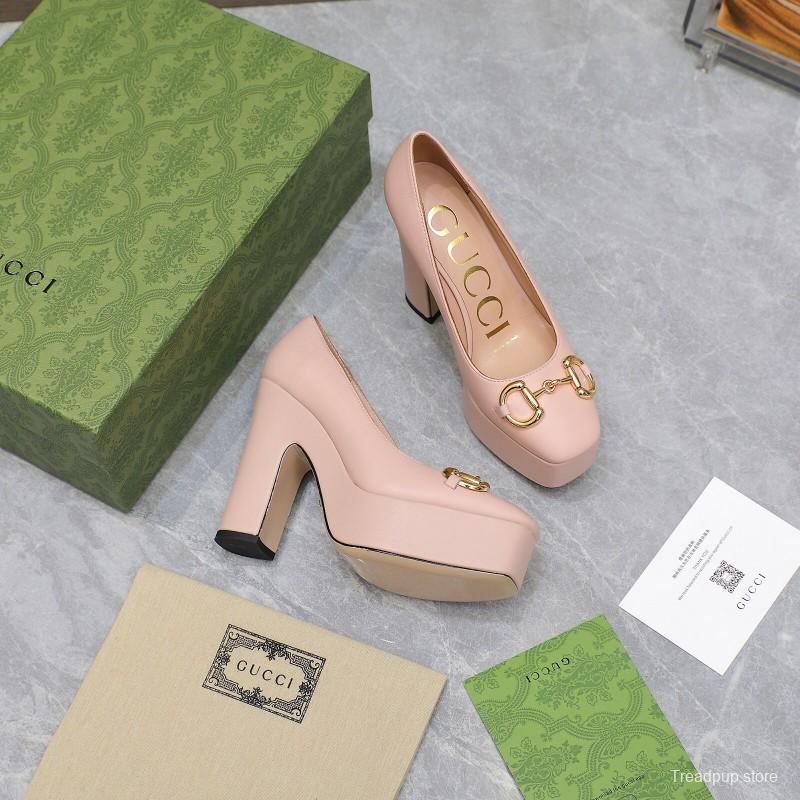 2025 Women Gucci Pink Leather Platform Pumps KFY00320