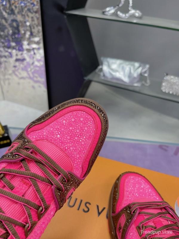 2025 Unisex Louis Vuitton Pink Brown Leather Canvas Plimsolls Handcrafted Crystals AS00400