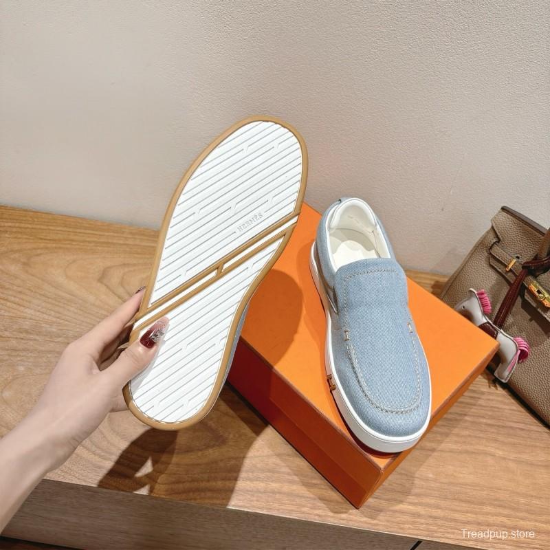 2025 Unisex Hermès Light Blue Canvas Leather Loafers AS00380