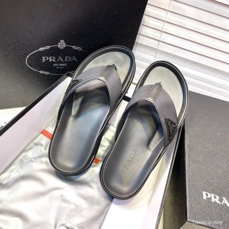 2025 Men Prada Black Fabric Leather Sandals Logo KFY00230
