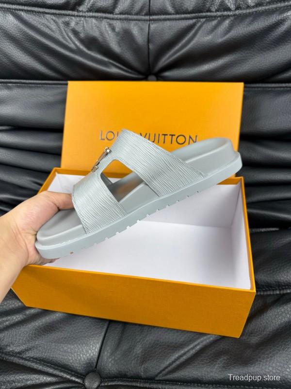 2025 Men Louis Vuitton White Leather Slippers AS00170