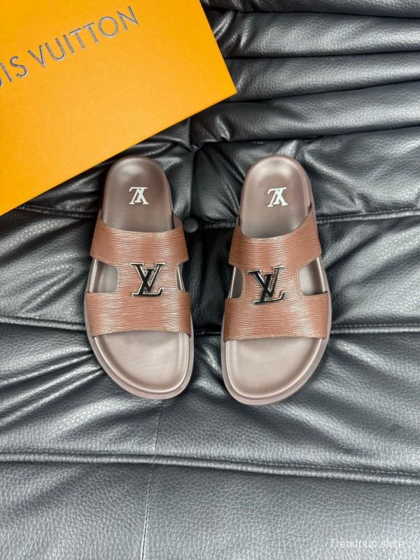 2025 Men Louis Vuitton Brown Leather Slippers AS00170