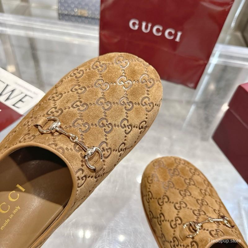Gucci Camel Suede GG Embossed Horsebit Mule Sandals - LY00240
