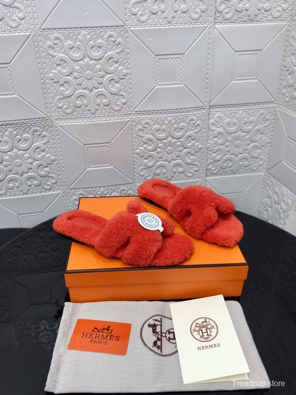 H Teddy Wool H Slippers Flat Sole Fur Slides - LY00240