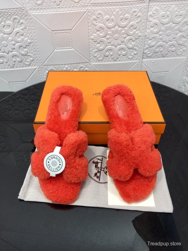 H Teddy Wool H Slippers Flat Sole Fur Slides - LY00240