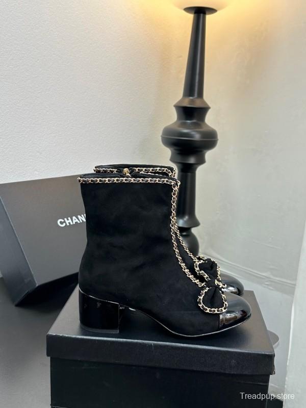 Chanel 2025 SS Chain Bow Chunky Heel Ankle Boots - LY00370