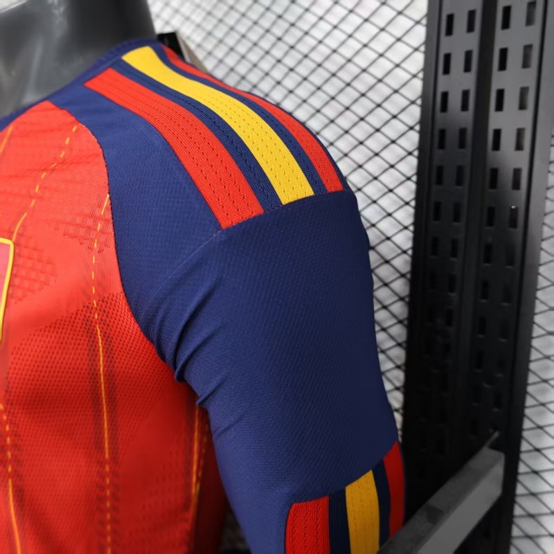 Player Version 2026 Spain Home Long Sleeve Red with Vertical Stripe Pattern Jersey