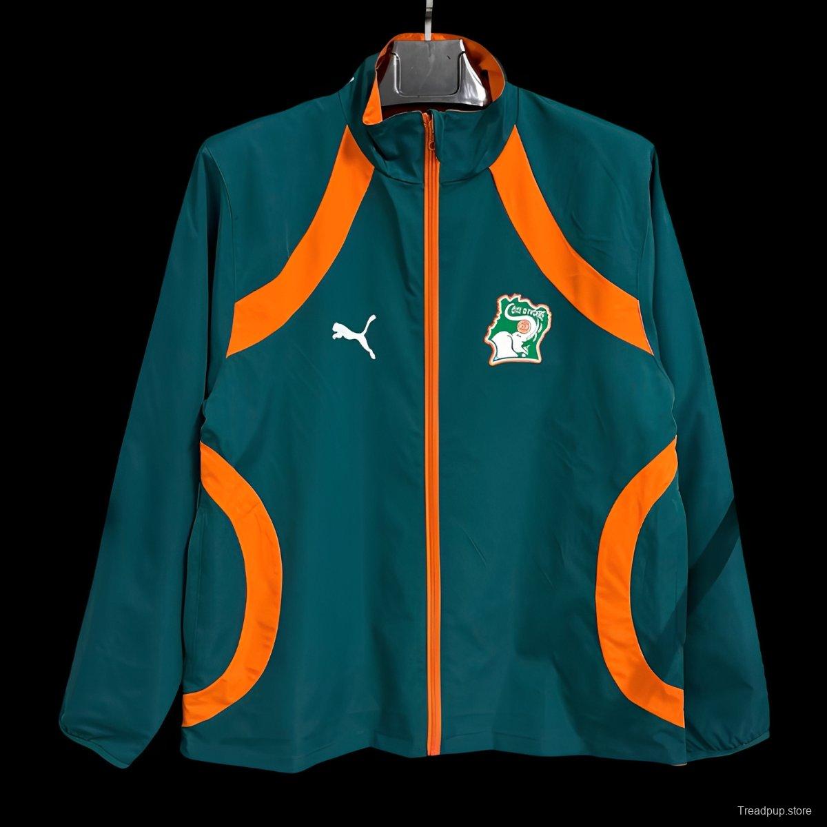 2026 Ivory Coast Teal Green with Orange Curved Stripes Full Zipper Windbreaker
